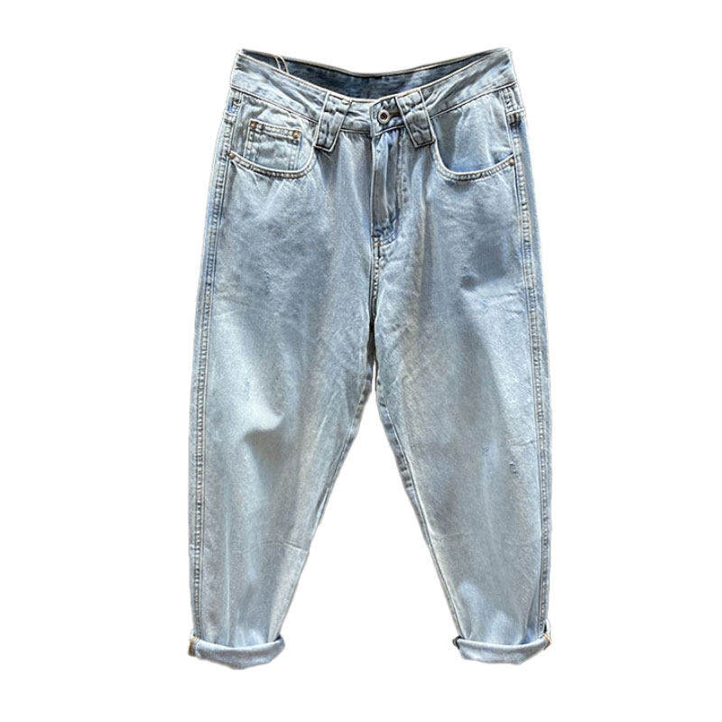 MUSONMU潮牌美式纯棉牛仔裤男夏季哈伦宽松水洗直筒裤九分休闲裤