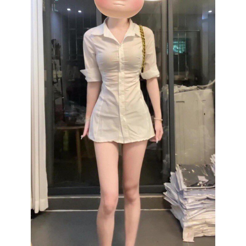 速发韩系白色p领o裙夏短设计感中袖季裙收腰a字裙子
