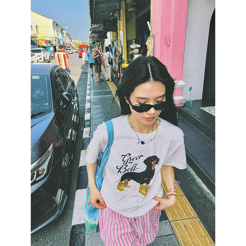 速发美式复古白色t恤夏s2024新款over季iz半宽松e袖上衣