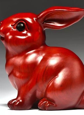 速发花梨木雕刻肖子兔件三合十二生摆实木头兔属兔家居客厅装饰品