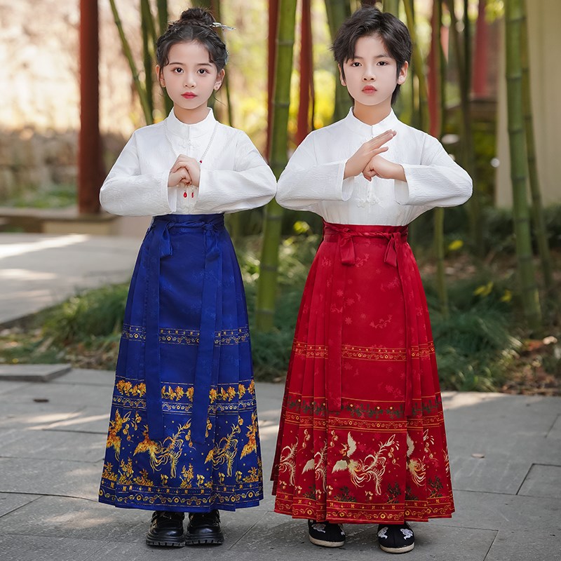 速发儿童马面裙套装红色汉服2025新款秋冬中国风合唱朗诵演出服男