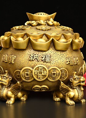 速发纯铜聚宝盆摆件开盖怪兽聚宝盆元宝铜钱存钱罐家居装饰工艺品