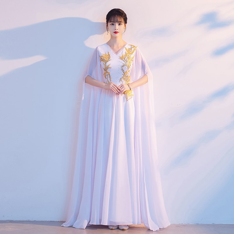 速发白色大团唱合演出服成人长裙气质优雅古筝演奏水装飘逸服袖飘