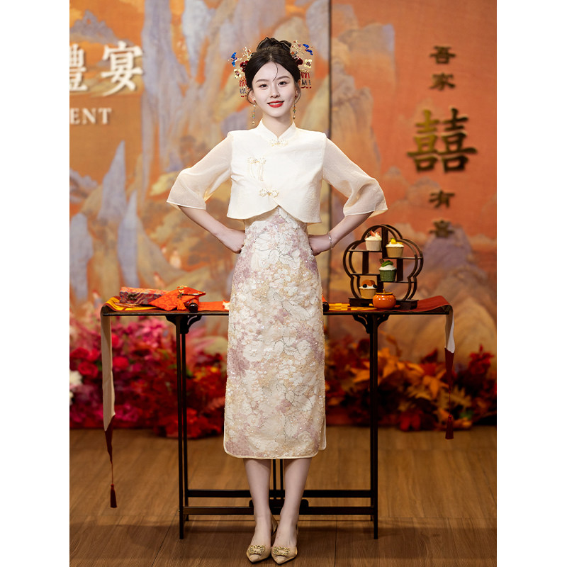 速发新中式订婚礼旗服024新款平时可穿衣服敬酒2纱袖套装香槟色服