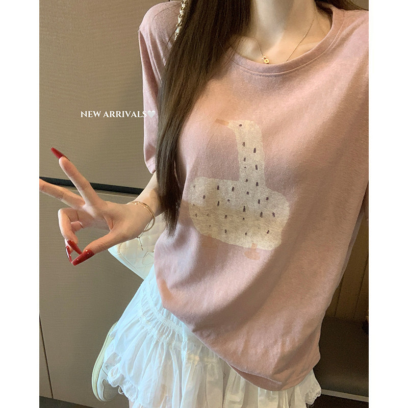 ROSEKIKI2026新款夏季粉色宽松休闲百搭搞怪大鹅印花圆领T恤女