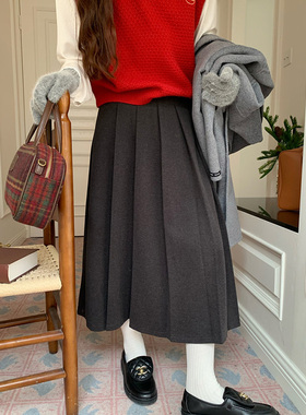 灰色高级感毛呢半身裙女秋冬大码胖mm显瘦遮肚a字裙中长款百褶裙