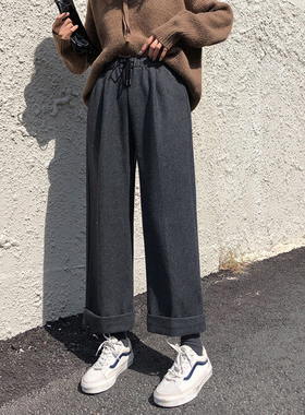 秋冬灰色毛呢九分直筒裤女高级感休闲百搭小个子显瘦松紧腰设计