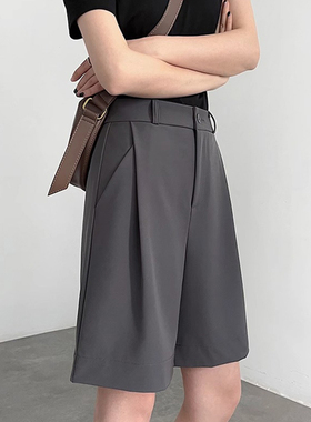 灰色西装短裤女夏季2025新款a字高腰显瘦宽松休闲阔腿五分裤子女