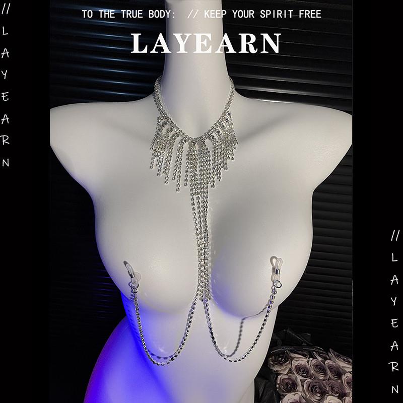 LAYEARN闪亮水钻比基尼性感身体链项链女胸链夜店焦点新