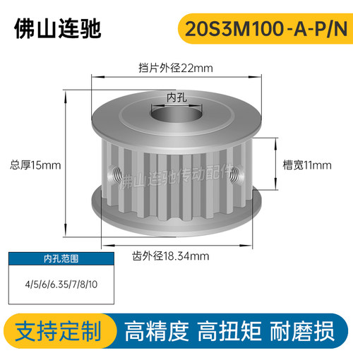 S3M20齿 两面平同步轮 槽宽11 AF型 同步皮带轮20S3M100-A-P4-10