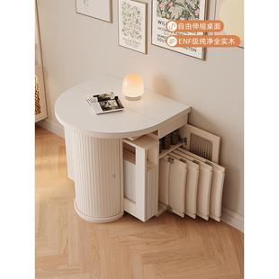 奶油风岩板伸缩餐桌小户型圆形家用实木可折叠两用省空间2025新款