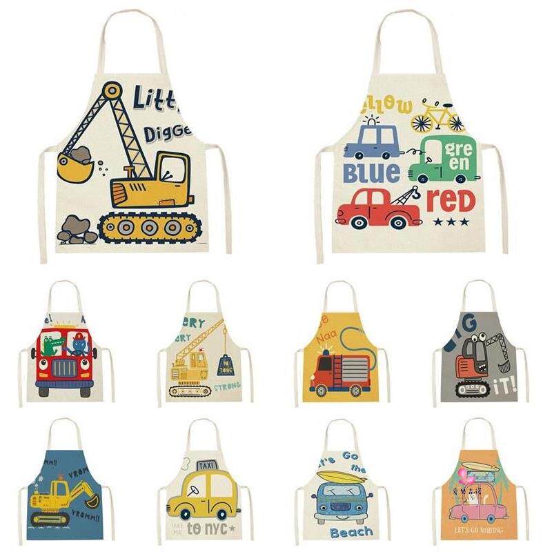 新款儿童围裙亚麻家用厨房卡通挖掘机汽车幼儿园绘画围腰亲子罩衣