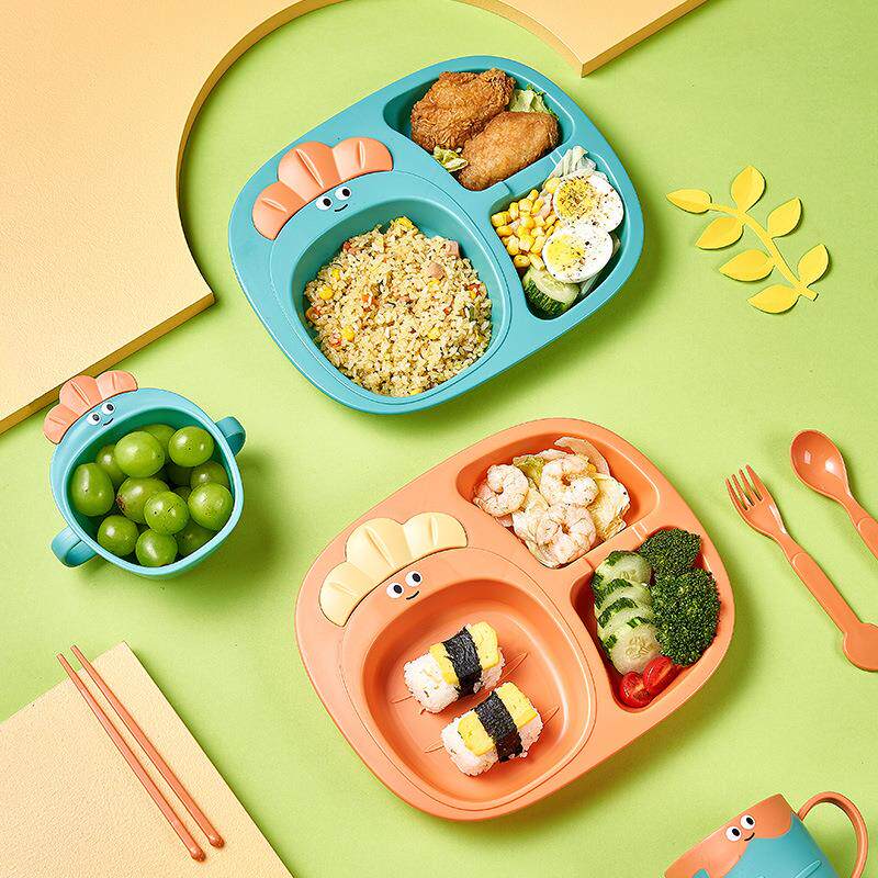 幼儿园餐盘胡萝卜儿童餐盘家用卡通塑料格栅餐盘套装学生6件套餐