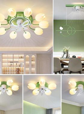 w%风扇灯吸顶客厅油吊扇灯灯奶风带风扇一体全风屋灯rfAB66Dw具客