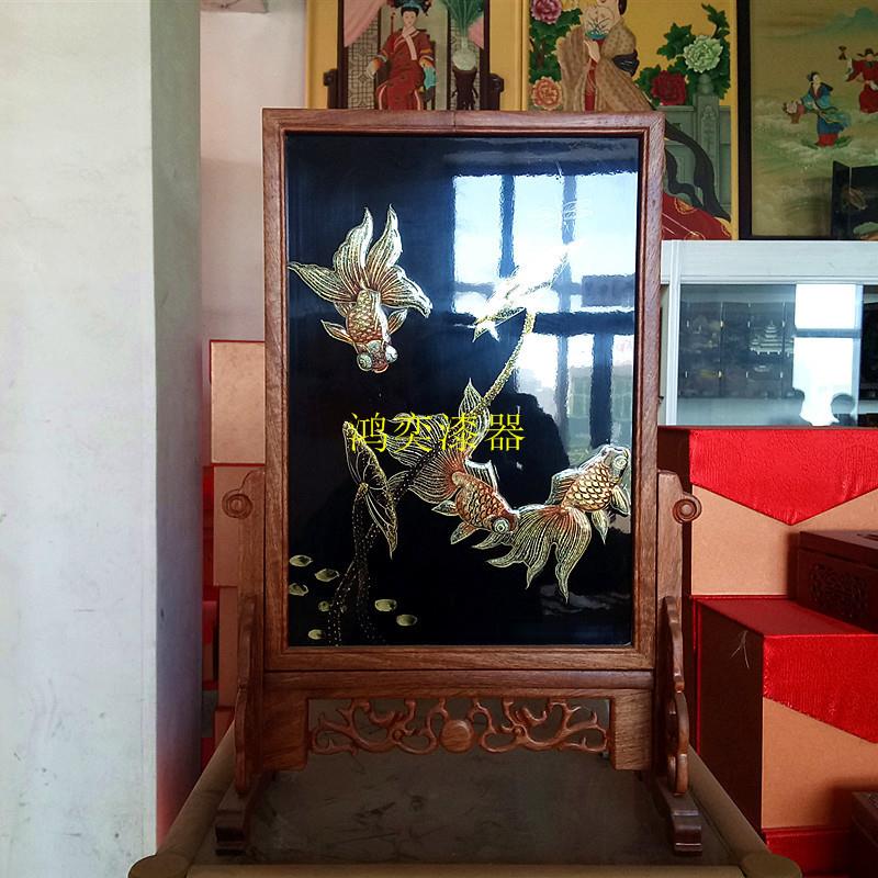 推光漆器木有质家居摆件绘粉20190324彩工艺田园家居摆件品莲年鱼