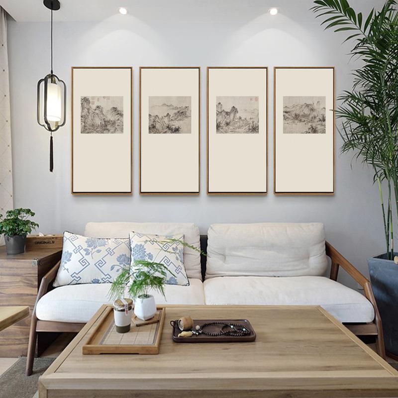 新中式禅意装饰画宋代竖版山水水墨国画茶室壁画书房客厅三联挂画