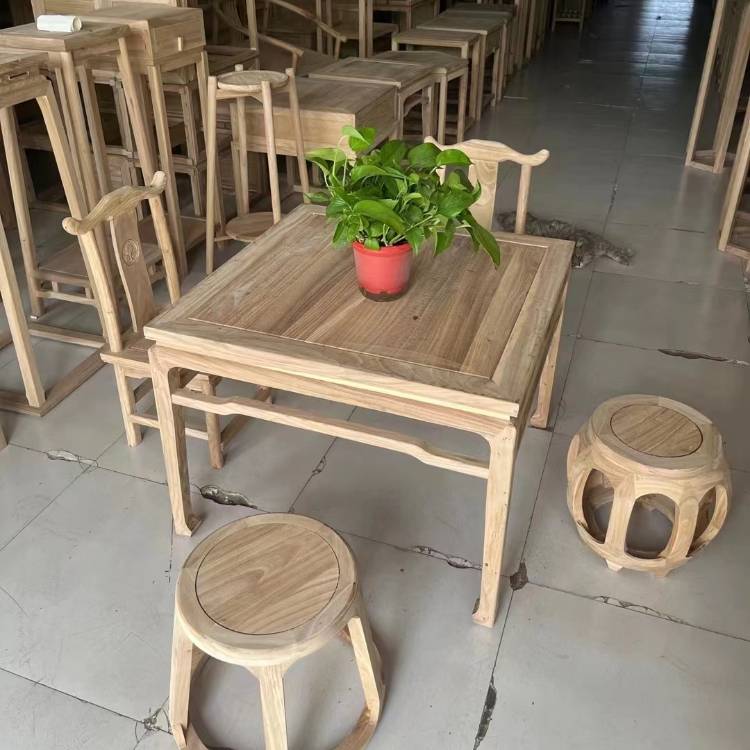 9U中式全实木马蹄工撑餐桌白茬北榆木仿古酒店饭店家用方桌饭桌整