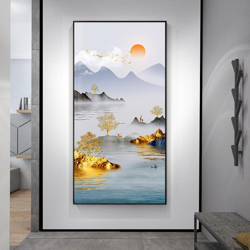 玄关山水画竖版现代轻奢高档走廊挂画新中式客厅风景入户过道壁画