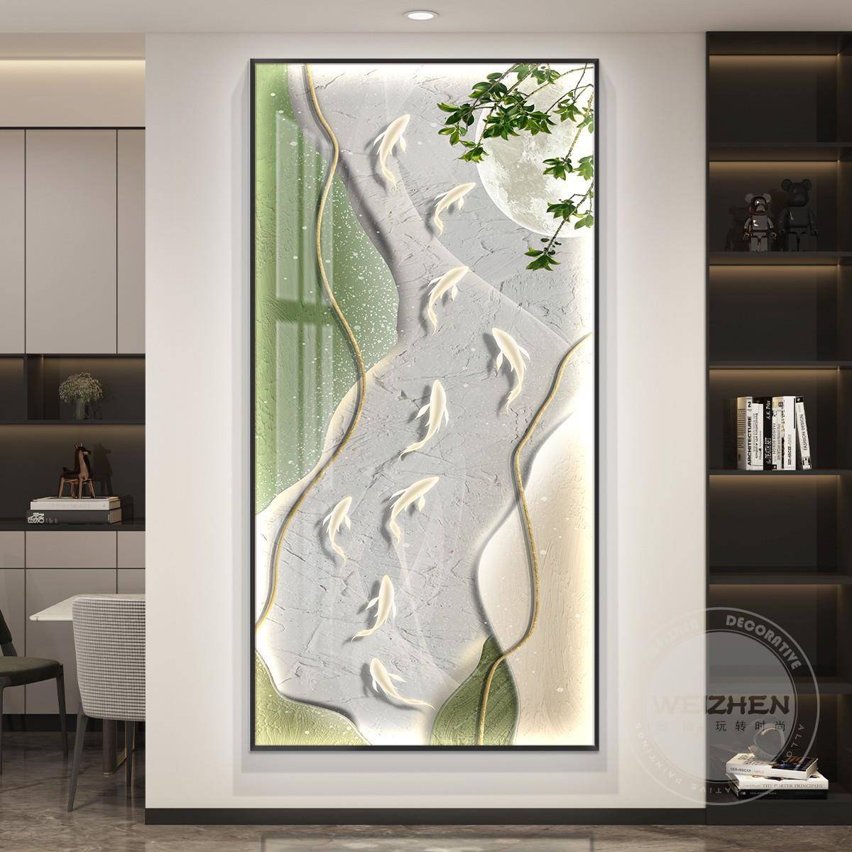 led带灯九鱼奢入户玄关装饰MWA简画竖图版走廊过道挂画约轻现代高