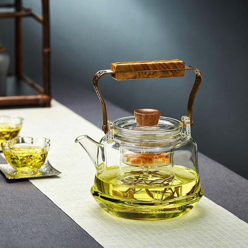 楠木提梁壶蒸煮茶壶玻璃蒸茶器家用耐高温泡茶壶电陶炉烧水壶套装