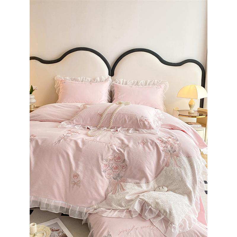 法式秋冬全棉厚磨毛加四套件刺绣addangd3高被套档小清新纯棉床单