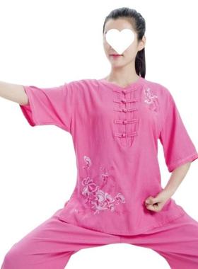 GV亚麻棉国风牡丹绣花太透极服夏薄款STX太极短拳练功服女袖气季