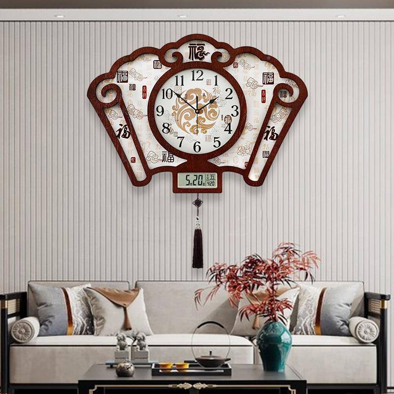新中式祥云挂扇形厅钟WJX客家尚用时静音木质挂墙时钟万年历大号