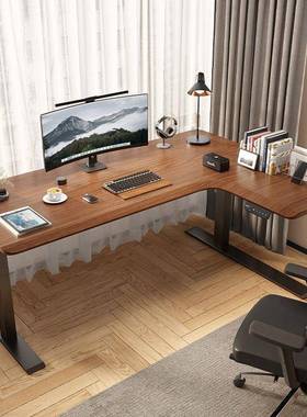 实木纯动升降桌胡桃木转角书桌可调节lL黑型OGY办公电脑桌子工作