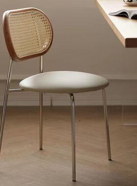 8V法风式轻奢藤编中古椅家用意F769S95S式黑色餐餐简桌椅复古极简