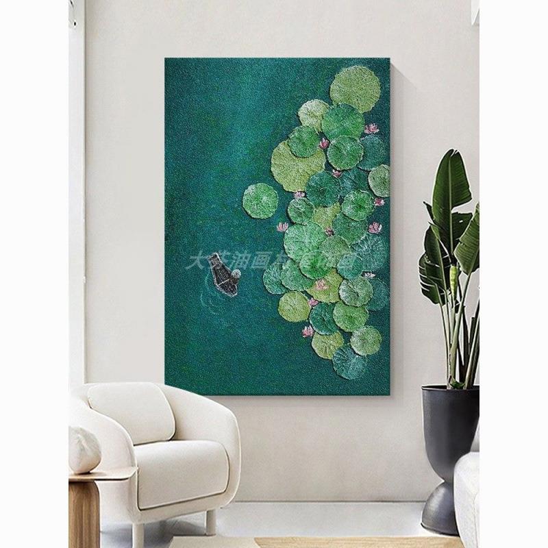 顺丰】客厅好运莲莲手绘油画玄关绿色荷花叶肌理装饰壁画立体石英图片