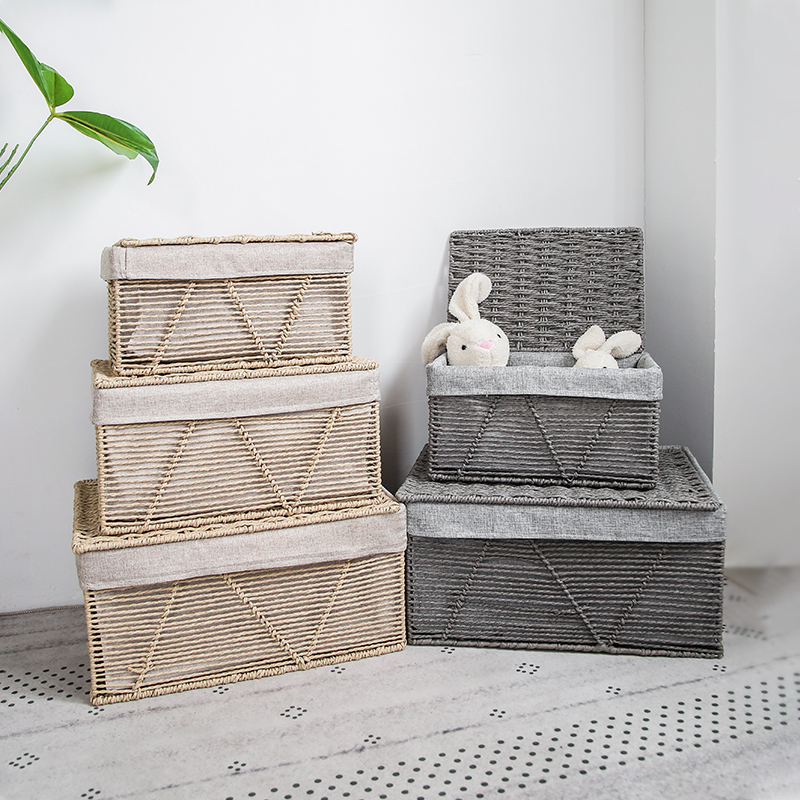 收纳盒家用带盖编织筐化妆品整理篮杂物零食收纳箱衣服整理储物篮