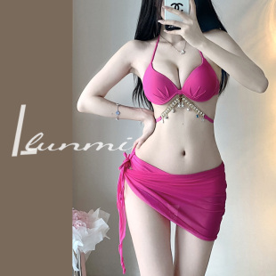 LunMi辣妹显胸钻链新款 聚拢钢托比基尼小胸聚拢沙滩度假温泉泳衣