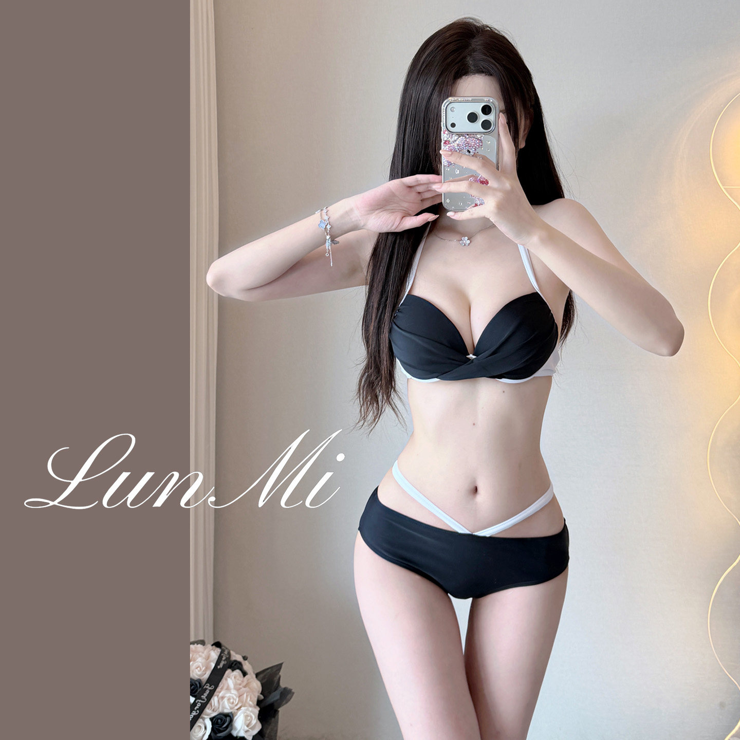 LunMi纶蜜比基尼女小胸两件套装性感纯欲黑色海边度假温泉泳衣女