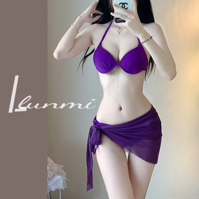 LunMi辣妹显胸紫色新款聚拢钢托比基尼小胸聚拢沙滩度假温泉泳衣