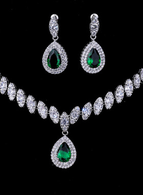 水滴锆石项链耳环套装新娘欧美跨境时尚晚会婚纱礼服高档首饰女士