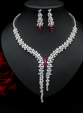 高品质闪亮花卉锆石项链耳环镶钻花卉长款吊坠精致个性甜美套装