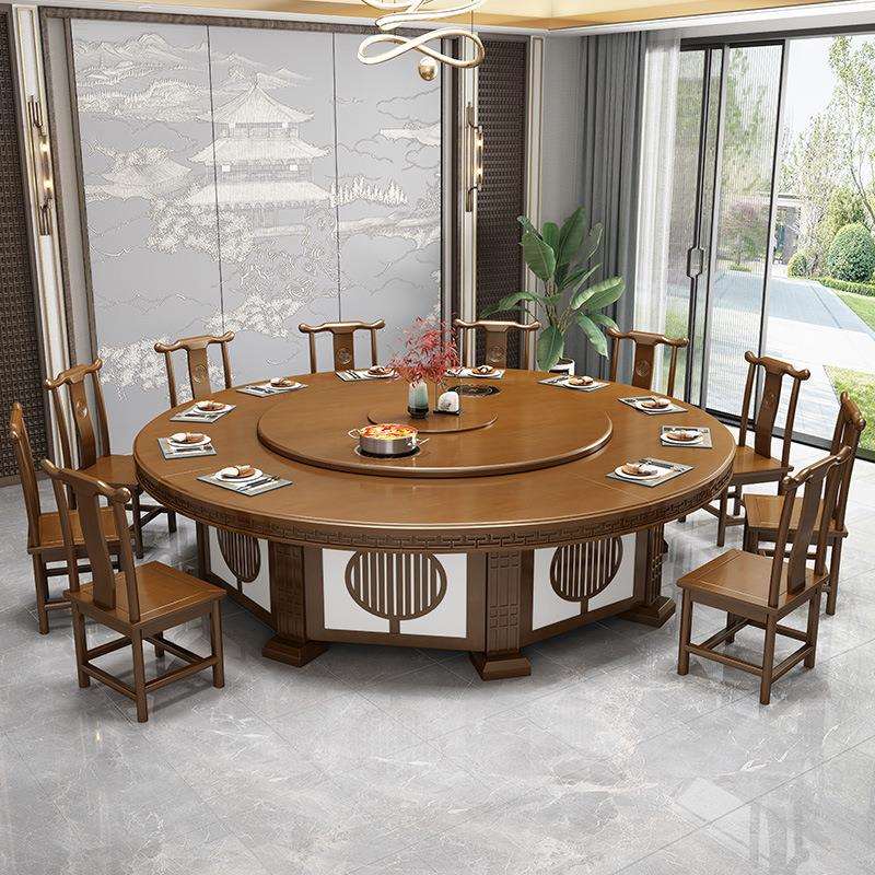 新中式酒店大圆桌10人20人饭店家用实木简约轻奢电动转盘火锅餐桌