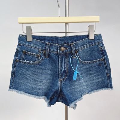 正确版丹女装纯棉春夏季蓝色中高腰毛边牛仔短裤热裤女