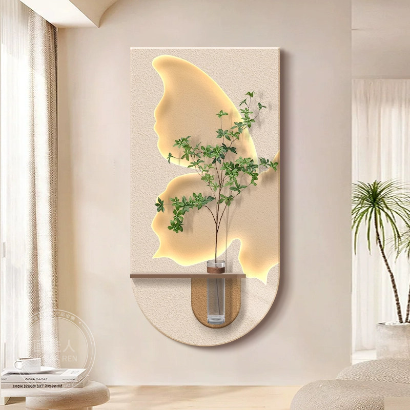 奶油风花瓶绿植玄关装饰画走廊过道尽头挂画高级感客厅背景墙壁灯