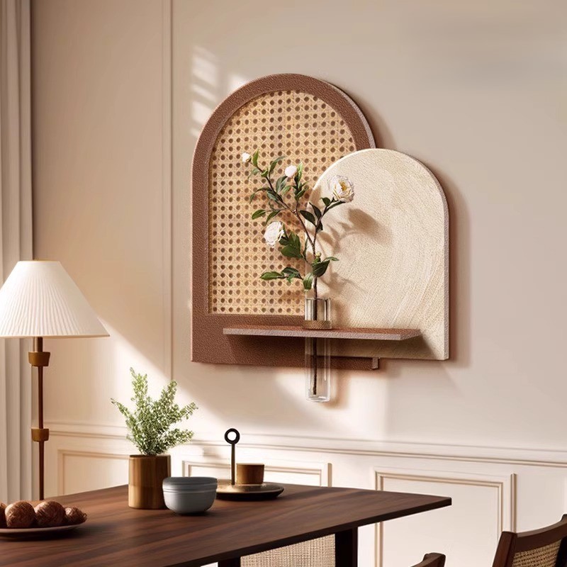 水培绿植中古风餐厅装饰画立体砂岩玄关挂画高级感餐桌背景墙壁画图片