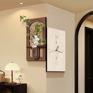 中古风客厅玄关转角装饰画时钟表创意拐角挂钟立体入户造型墙壁画