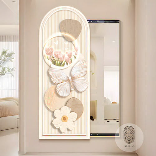 奶油风隐藏式推拉玄关镜子装饰画