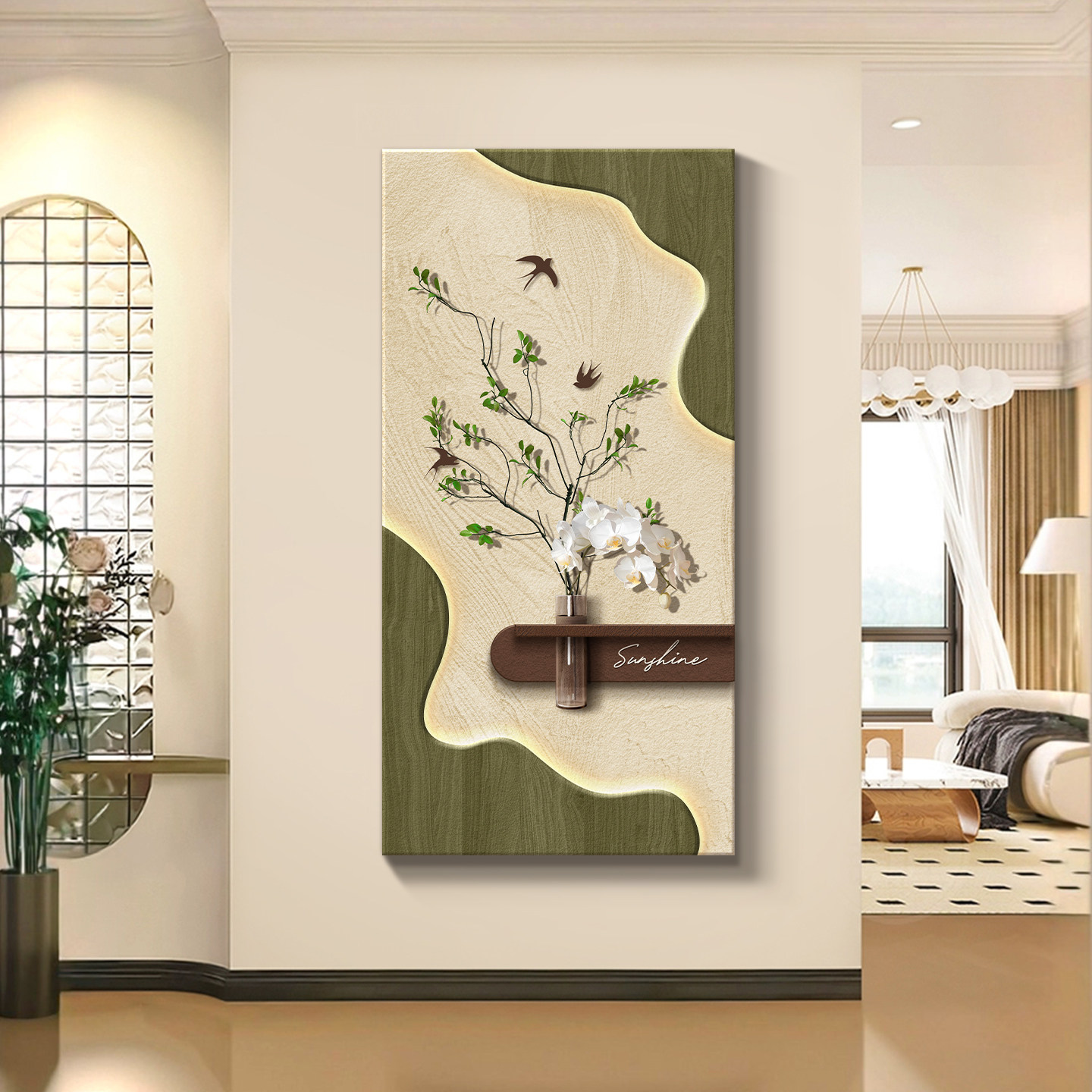 中古风水培绿植玄关装饰画高级感立体砂岩走廊过道挂画客厅壁灯画