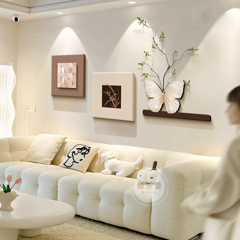 法式奶油风客厅沙发背景墙装饰画壁画蝴蝶立体砂岩艺术组合挂画图片