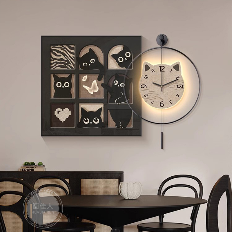 现代餐厅装饰画带钟表高级感客厅饭厅背景墙挂画时钟餐桌壁画猫咪