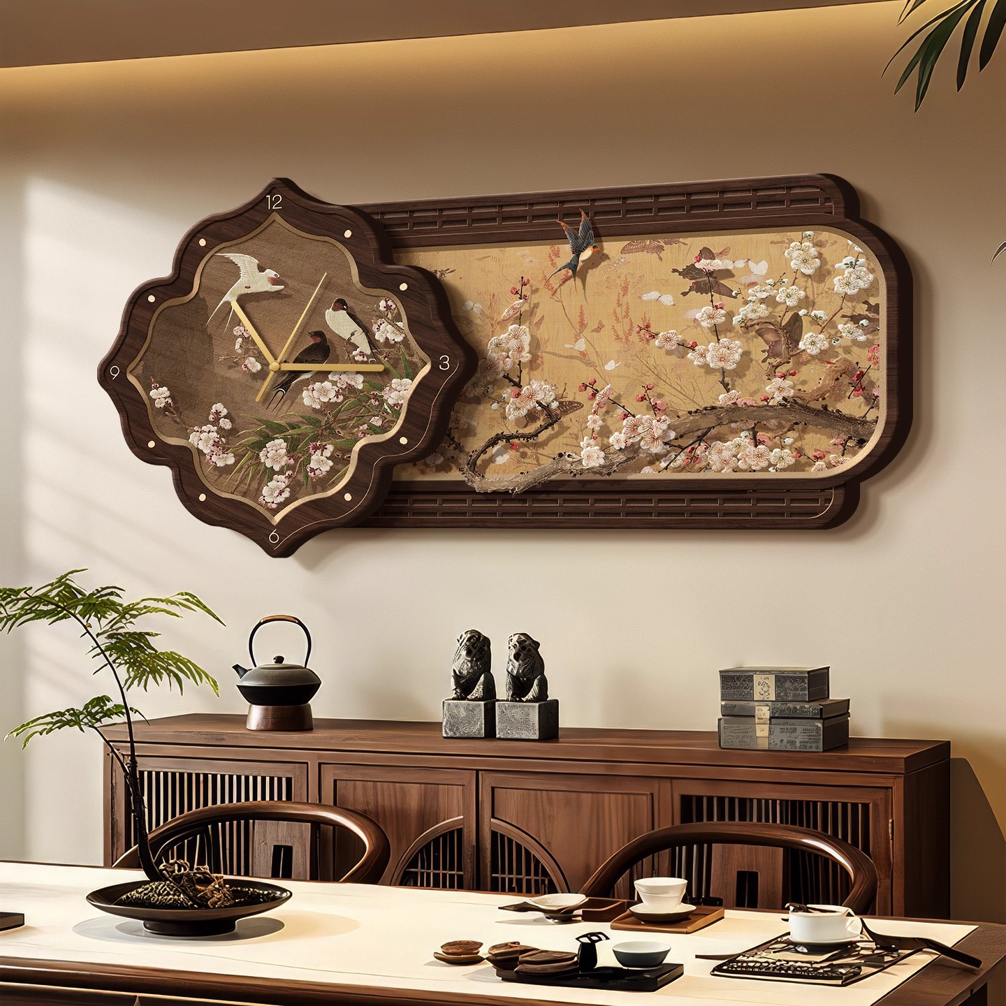宋代美学餐厅装饰画带钟表立体砂岩挂画新中式客厅高级感时钟壁画图片