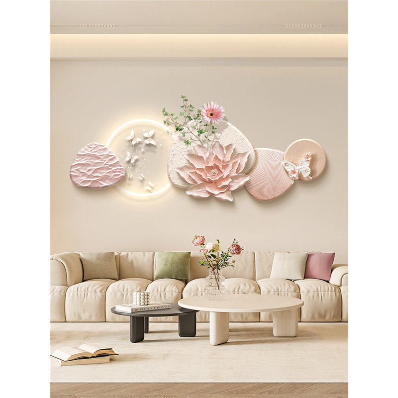 奶油风客厅装饰画高级感沙发背景墙挂画创意花卉卧室床头壁画带灯图片