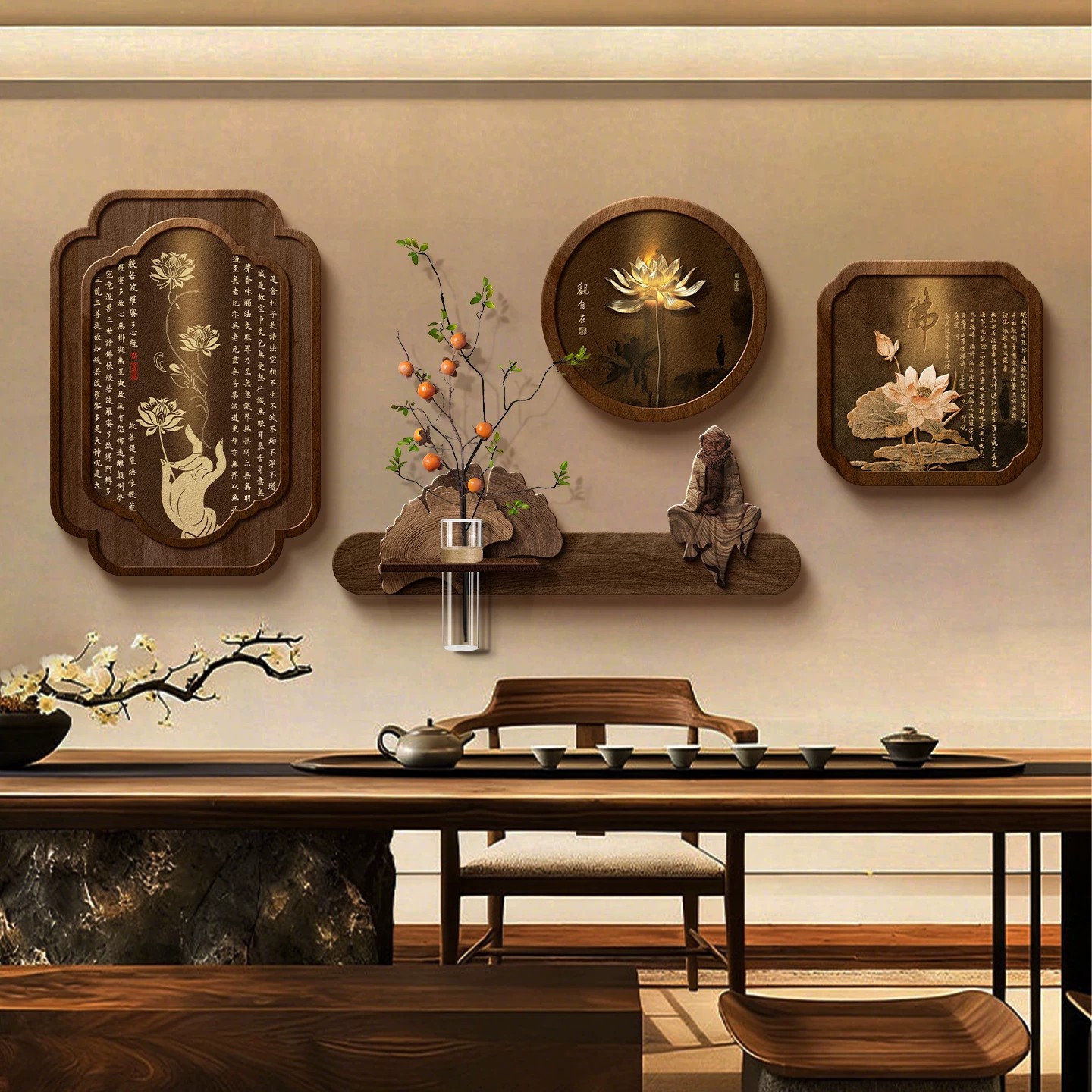 禅意茶室背景墙装饰画新中式佛学心经墙壁画书法茶桌书房组合挂画