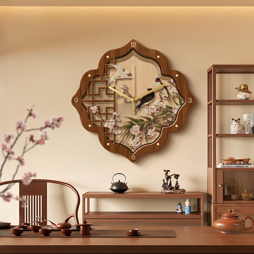 宋代美学餐厅挂钟装饰画客厅砂岩时钟壁画新中式花鸟国风茶室挂画