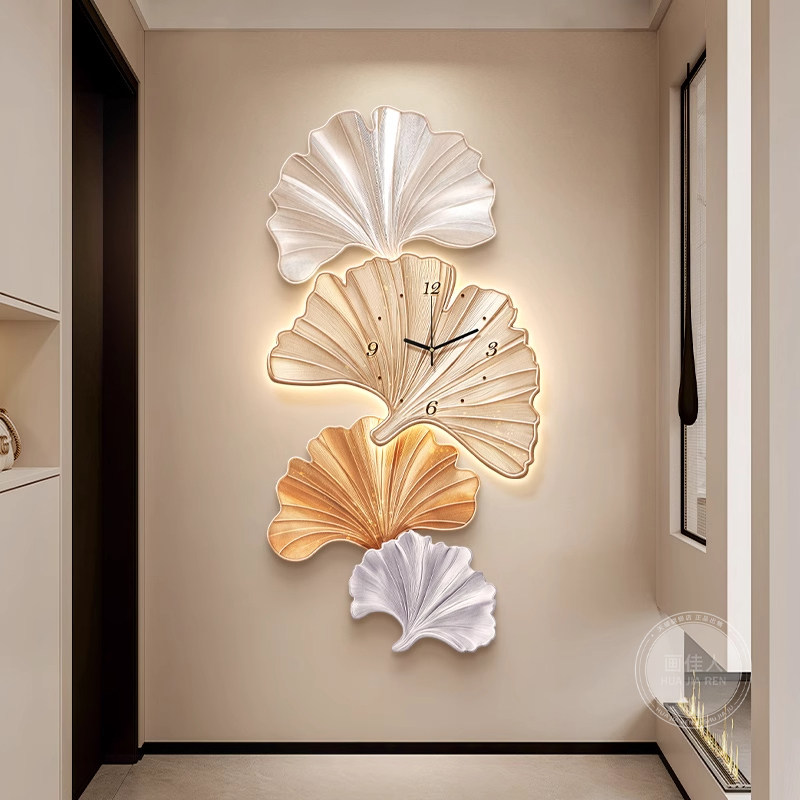 轻奢高级感玄关装饰画银杏叶走廊过道挂画客厅新款创意钟表壁灯画